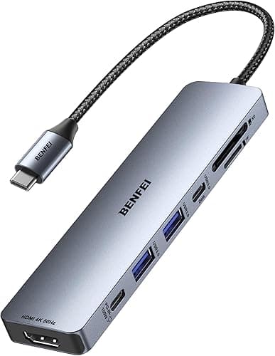 BENFEI HUB USB C 7 en 1 con HDMI (4K@60Hz), 2*USB-A, 1*USB-C de Datos, Carga 100W, Lector de Tarjetas SD/TF, Cable de Silicona antienredos Compatible con MacBook Pro/Air, iPad Pro, iMac, iPhone 16/15