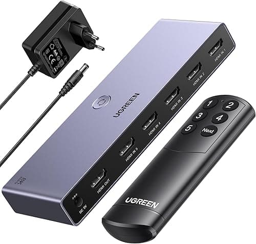 UGREEN 8K 60Hz Switch HDMI 2.1 5 Entradas 1 Salida 4K 240Hz HDCP 2.3 Adaptador de Corriente Conmutador con Mando a Distancia Compatible con PS5/4 Xbox Nintendo Switch DVD Apple TV Fire Stick