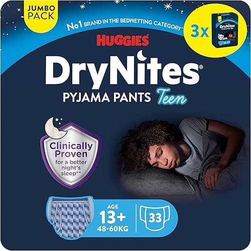 Huggies DryNites Pañales de Noche para Niño 13+ (48-60 kg), Clínicamente Probado con 5 Capas de Máxima Protección Nocturna, 3 Packs de 11, Total 33 Calzoncillos Absorbentes