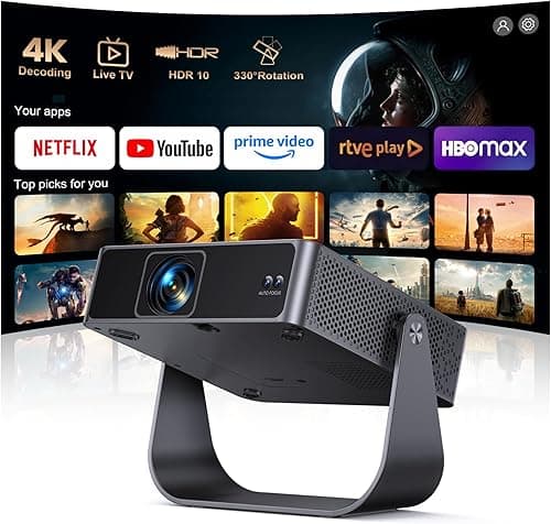 Proyector 4K【Netflix Ready+TV Directo】 Proyector Portatil App Integrada Auto Focus/Keystone 1080P FHD Nativo con HDR10, Giro 330° WiFi Bluetooth Mini Proyectors Projector Cine en Casa/Exterior/HDMI
